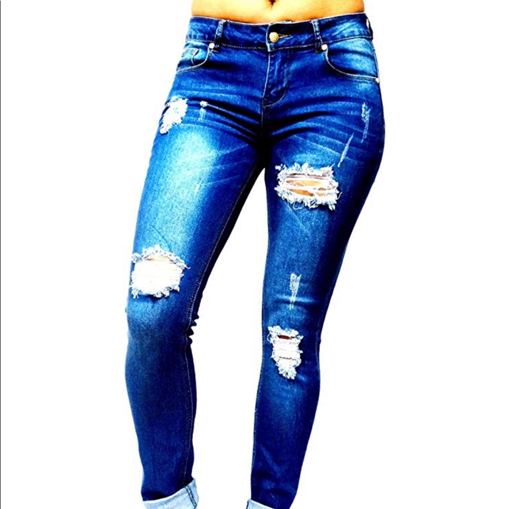 Ladies Denim Distressed Blue Skinny Jeans K778-New